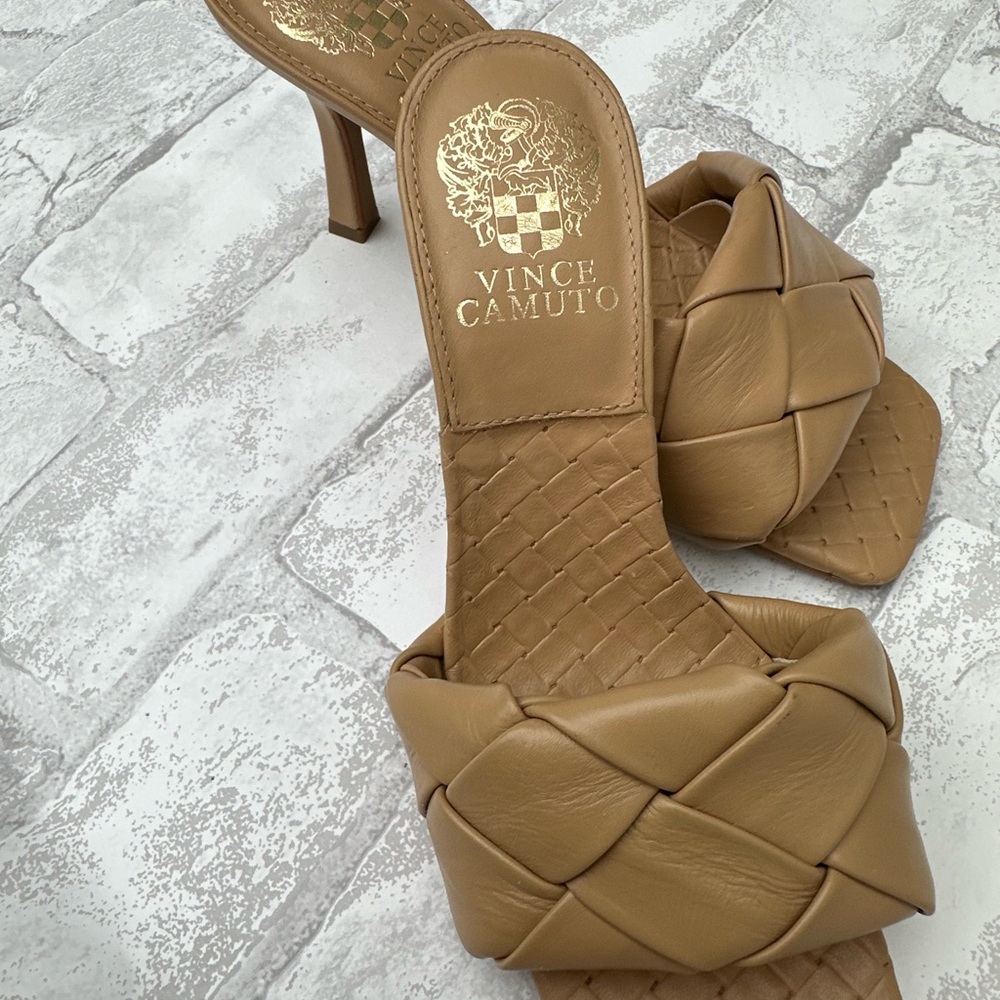 Vince Camuto Tan Heeled Mules with Woven Design